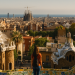 Vista de la Sagrada Familia con turistas en primer plano.