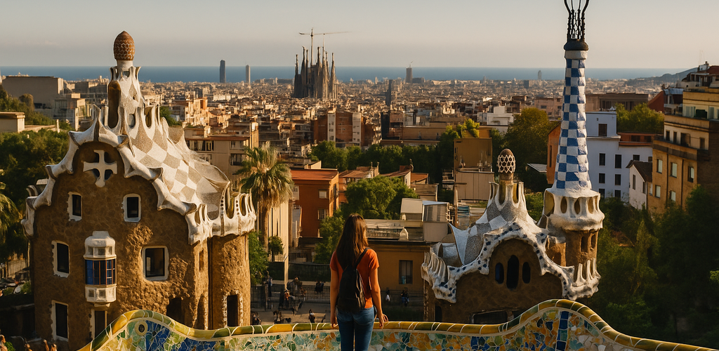 Vista de la Sagrada Familia con turistas en primer plano.