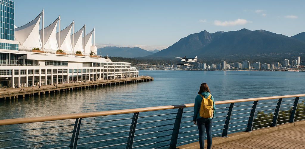 Panorámica de Vancouver con montañas y océano, mostrando la diversidad del destino.