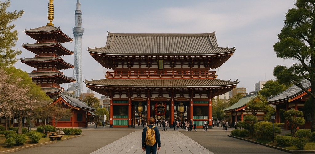 Vista panorámica de Tokio con cerezos en flor