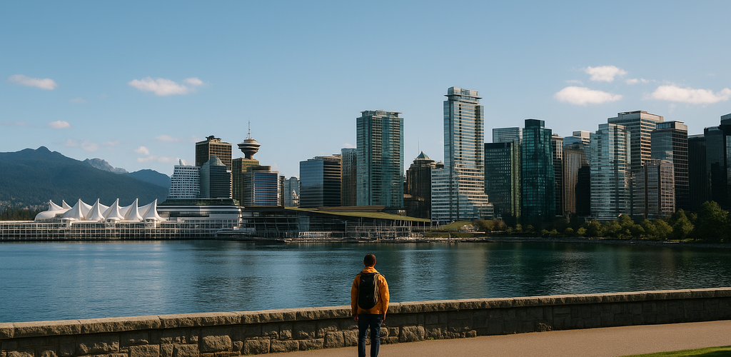 Vista de Vancouver con paisajes urbanos y montañas.