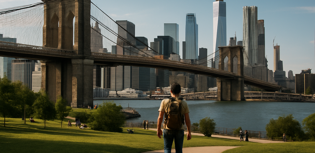 Una vibrante escena de Nueva York con la Estatua de la Libertad y el horizonte de Manhattan.