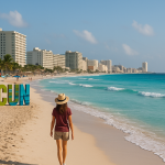 Vista panorámica de Cancún con playas y resorts.