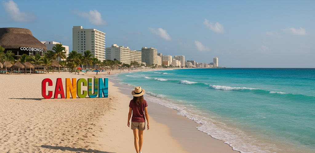 Vista panorámica de Cancún con playas y resorts.