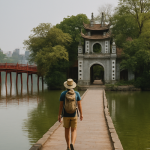 Lago Hoan Kiem en Hanoi, en primer plano la arquitectura colonial y gente paseando.