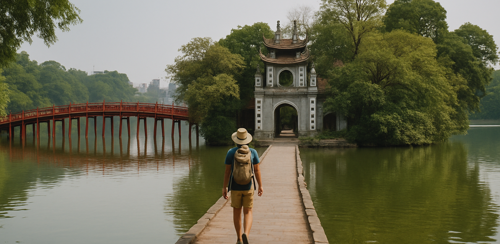 Lago Hoan Kiem en Hanoi, en primer plano la arquitectura colonial y gente paseando.