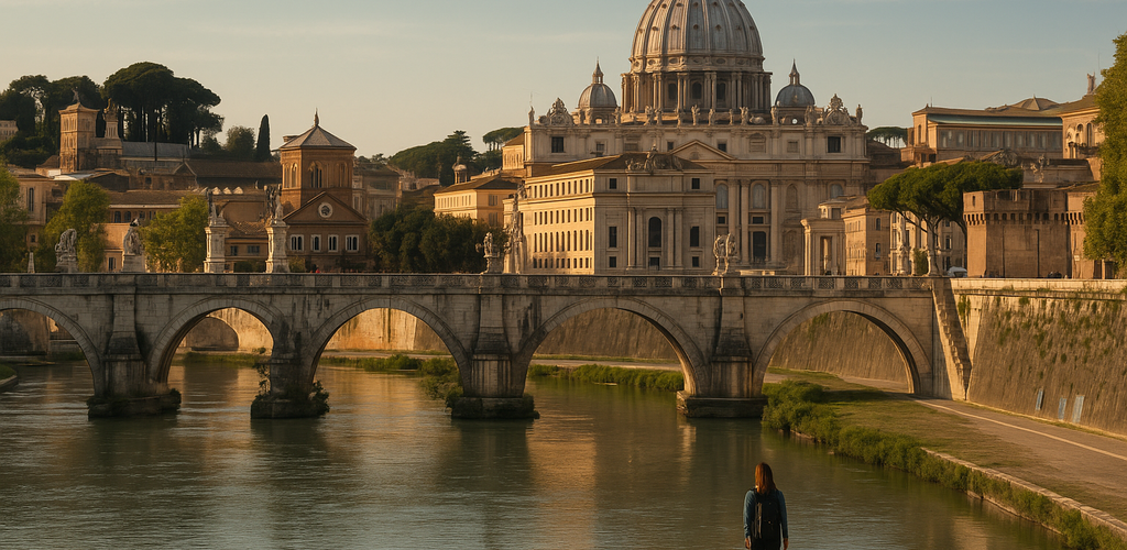 Imagen representativa de Roma, incluyendo el Coliseo y la Fontana di Trevi.