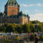Château Frontenac en Quebec con su impresionante arquitectura mientras se muestran opciones de alojamiento económico.
