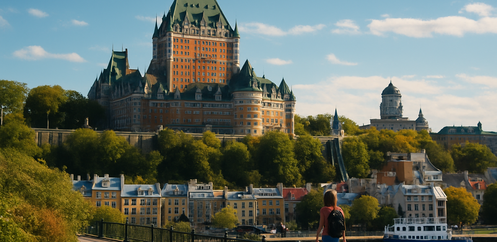 Château Frontenac en Quebec con su impresionante arquitectura mientras se muestran opciones de alojamiento económico.