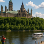 Turistas disfrutando de un tour en Ottawa, admirando el Parlamento de Canadá.