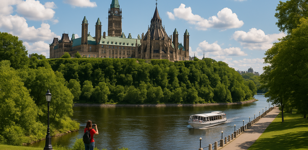 Turistas disfrutando de un tour en Ottawa, admirando el Parlamento de Canadá.