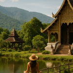 Montañas de Chiang Mai con un retiro espiritual al fondo en un hermoso paisaje natural.