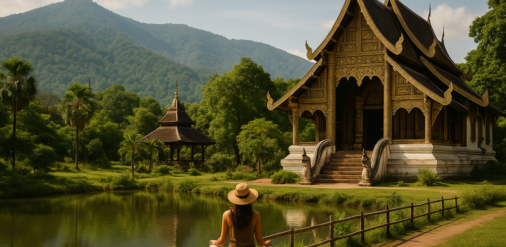 Montañas de Chiang Mai con un retiro espiritual al fondo en un hermoso paisaje natural.
