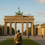 Puerta de Brandeburgo iluminada al atardecer, un símbolo icónico de Berlín.