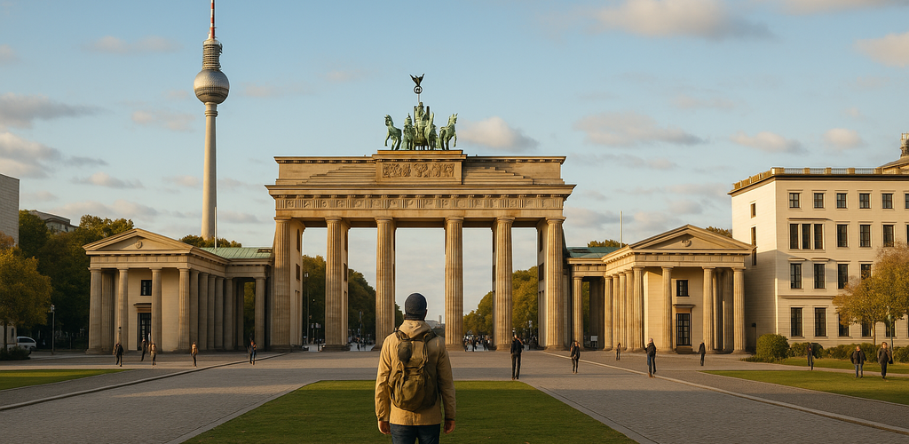 Puerta de Brandeburgo iluminada al atardecer, un símbolo icónico de Berlín.