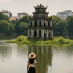 Vista de Hanoi con el Lago Hoan Kiem, con edificios coloniales y vendedores locales.