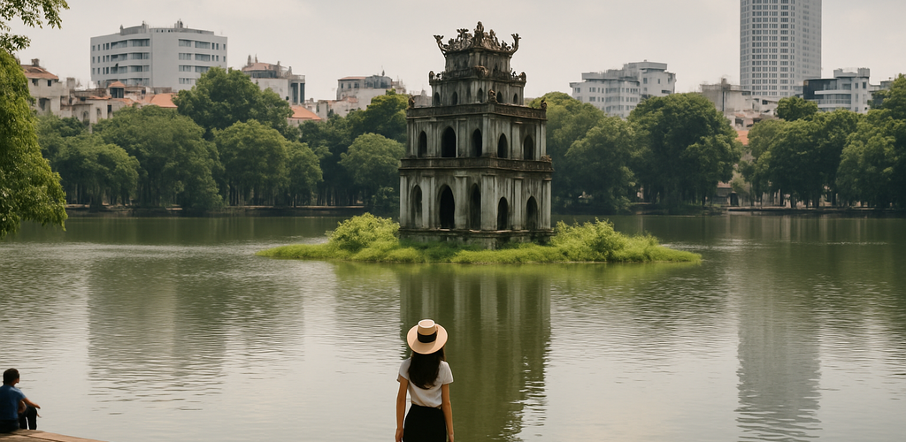 Vista de Hanoi con el Lago Hoan Kiem, con edificios coloniales y vendedores locales.